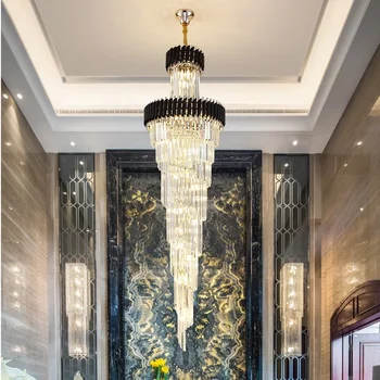 Големи Горните Дълги Кристални Полилеи led Хотелски Хол Всекидневна Луксозно многослойно Стълбищно Осветление Черно Лампа От Неръждаема Стомана