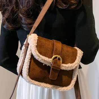 Есенно-зимни плюшен чанта Женски Корейски ретро Малки Квадратни чанти 2023 г., нови велурени чанти през рамо от вълна от овце в стил мозайка