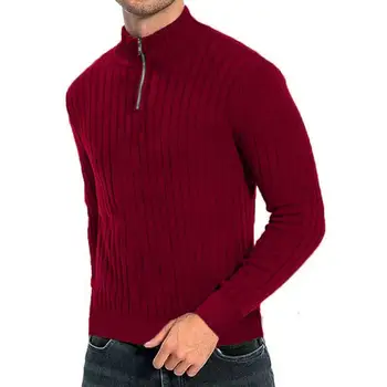 Мъжки обикновен пуловер, стилен мъжки пуловер с полувысоким яка, вязаный топло еластичен пуловер за есента / зимата с однотонным Мъжки обикновен пуловер, стилен мъжки пуловер с полувысоким яка, вязаный топло еластичен пуловер за есента / зимата с однотонным 1