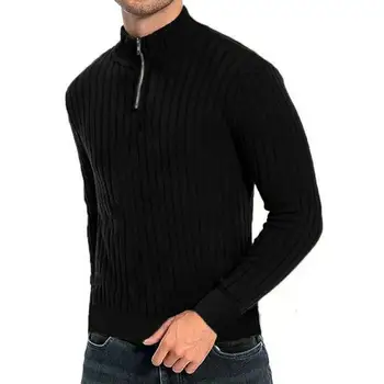 Мъжки обикновен пуловер, стилен мъжки пуловер с полувысоким яка, вязаный топло еластичен пуловер за есента / зимата с однотонным Мъжки обикновен пуловер, стилен мъжки пуловер с полувысоким яка, вязаный топло еластичен пуловер за есента / зимата с однотонным 3