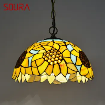 Окачен лампа SOURA Tiffany Glass LED полилей с креативен цветен модел, Декорация за дома, трапезария, спални, хотелско осветление