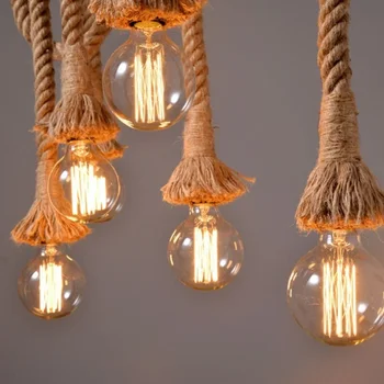 Ретро Ретро окачен лампа от пеньковой въжета, американски промишлени висящи лампи, творчески плафониери в Таванско помещение стил в стил кънтри E27 LED Edison