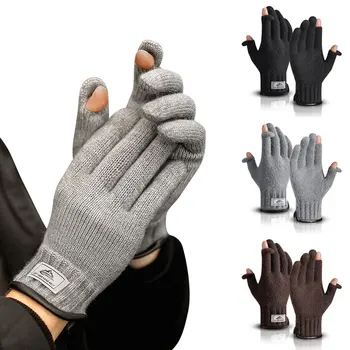 1 Чифт зимни ръкавици за езда, Нескользящие плетени ръкавици с панти капак на 2 пръста, Ветроупорен Топли мъжки ръкавици за колоездене, скално катерене, състезания, риболов.