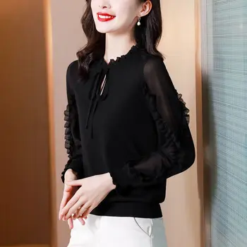 2023 пролетта-есента корейската версия на черна шифоновой долната риза, свободно тънките рокли за майките големи размери, дамски топ с дълъг ръкав