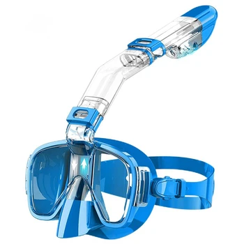 2X маска за гмуркане, набор от сгъваеми маски за гмуркане със система за сухо върха и на стена за фотоапарати, оборудване за гмуркане с защита срещу замъгляване-син