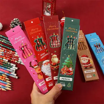 6 бр./лот Коледни Моливи в опаковка, комплект дръжки за рисуване, дървени дръжки HB с гумени канцелярскими принадлежности