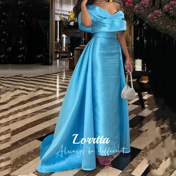 Lorrtta Сини рокли-калъфи Midi за бала с опашка, Саудовско-арабски гънки с открити рамене, вечерна рокля за официална парти рокля на шаферка