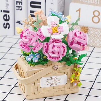 MOC Строителни блокове, Определени букети цветя САМ Flowers Block Toys Set Набор от рози и слънчогледи в Деня на Свети Валентин, Подарък за момичета