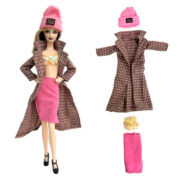 NK 1 Комплект есенни рокли за кукли 1/6 за момичета： изискана дълга клетчатая яке + розова вязаная шапчица За украса на кукли Барби и замяна играчки
