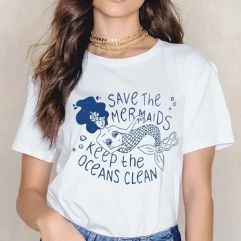 Save the Mermaids Keep the Oceans Clean Художествена Тениска Дамски Kawaii Унисекс Tumblr Camisetas Козметична Графична Тениска Гръндж
