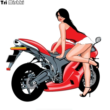 Tri Mishki WCS715 # 14x13,8 см, секси момиче, велосипедист, мотоциклет, цветни стикера от колата, забавни автомобилни стикери