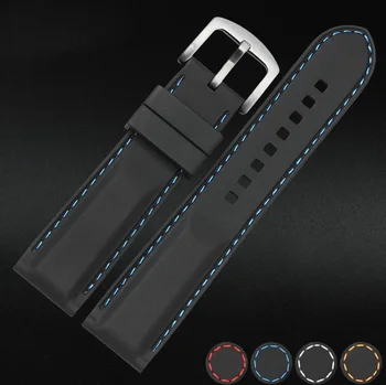 Безплатна доставка с 22 мм, 24 мм, Черен силиконов каучук каишка за часовник Стоманена обтегач Синя нишка