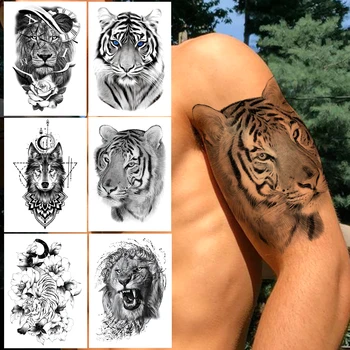 Гореща разпродажба Временна татуировка Тигър за мъже, Жени, Възрастни, Деца, Черни татуировки с геометрия Лъв и Вълци, стикер с фалшиви цвете, Моющаяся татуировка на ръката