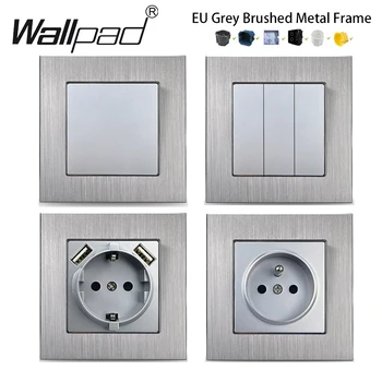 Европейският метал е Сиво, Сребристо USB Type C Изход 1 2 3 Група On Off Стенен ключ Двоен изход за захранване на Френски контакти Кръгла кутия