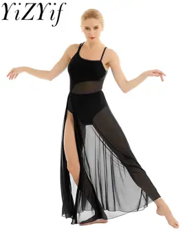Жена балетное рокля без ръкави в стил ар Нуво, съвременно лирична танцово рокля, Сетчатое трика с асиметрично шифоновым танц рокля