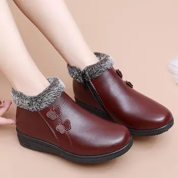Зимна топла дамски обувки Черни къси ботуши с кожа Дамски обувки от изкуствена кожа с кристали Водоустойчиви дамски ботуши с цип