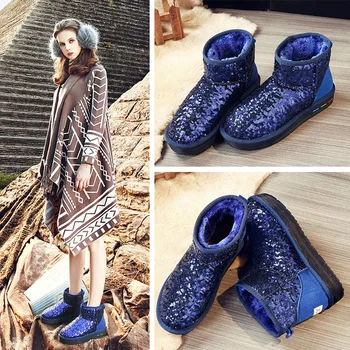 Зимни нови дамски ежедневни нескользящие зимни обувки с пайети с къса цев и плюшени и удебелени топла памучна обувки
