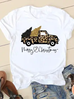 Карирани камион с коледната елха, скъпа Коледна тениска с модерен принтом, коледна дамски дрехи, с кръгло деколте, графична дамски ежедневни риза, тениска