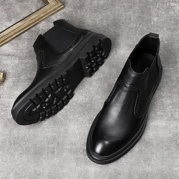 Модерен мъжки кожени обувки от естествена кожа без шнур, черни, сиви мъжки модел обувки с кръгло бомбе, луксозни официални мъжки обувки Челси
