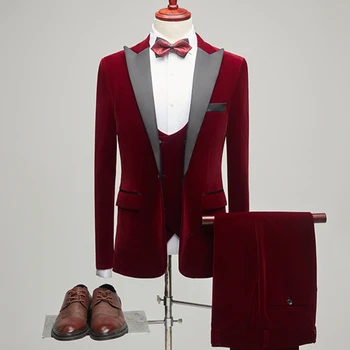Модерен Нов мъжки ежедневни бутик, Тънък бизнес монофонични velvet костюм водещ Певец, комплект от 3 теми, Блейзери, яке, рокля, Панталон, жилетка