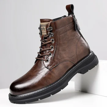 Мъжки обувки есен-зима ежедневни обувки кожени с високо берцем, модерни, универсални обувки приливи и отливи в британския стил, мъжки работни обувки за улицата