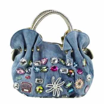 Нови Луксозни дамски дънкови чанти с приятен син дизайн, висококачествени чанти от портмонета, дамски чанти-тоут С кристали, дамски чанти-незабавни посланици