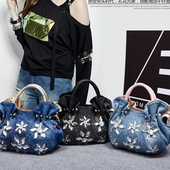 Нови Луксозни дамски дънкови чанти с приятен син дизайн, висококачествени чанти от портмонета, дамски чанти-тоут С кристали, дамски чанти-незабавни посланици Нови Луксозни дамски дънкови чанти с приятен син дизайн, висококачествени чанти от портмонета, дамски чанти-тоут С кристали, дамски чанти-незабавни посланици 5