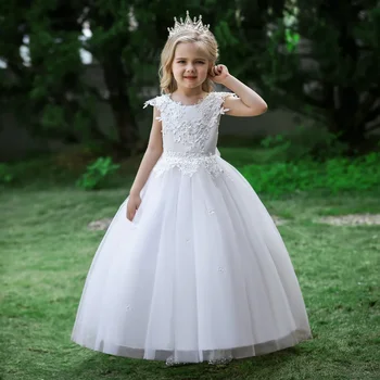 Ново детско рокля на принцеса рокля с бродирани цветя, Открита на въртене, голям лък, детско сватбена рокля, водеща на шоуто за момичета D