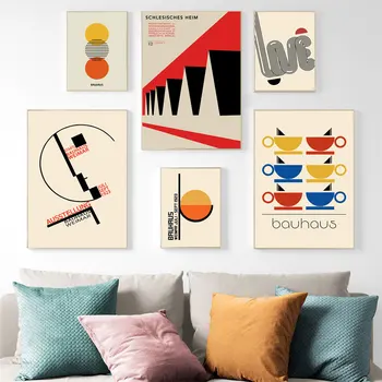 Плакати и щампи в индустриален стил Баухаус, абстрактен геометричен плакат с изображение на дома, стенни рисунки с кафе чаши за всекидневна декор