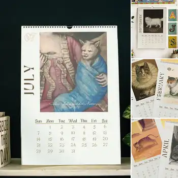 Стенен календар с котка в 2024 година, Реколта Портретна живопис, Стенно изкуство с животни, печат върху платно, Антикварное изкуство, Начало декор на стените, Нов, подарък с Грозни котка