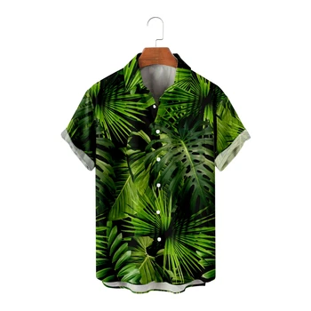 Хавайски ризи за мъже с принтом листа, ризи с къс ръкав, Прохладни Летни черни върхове, реколта дишащи