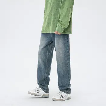Широки Дънки, Мъжки Прав Широк панталон С джобове Облекло за джогинг Дънкови Корейски модни панталони за пране на Мъжки панталони в стил хип-хоп H67